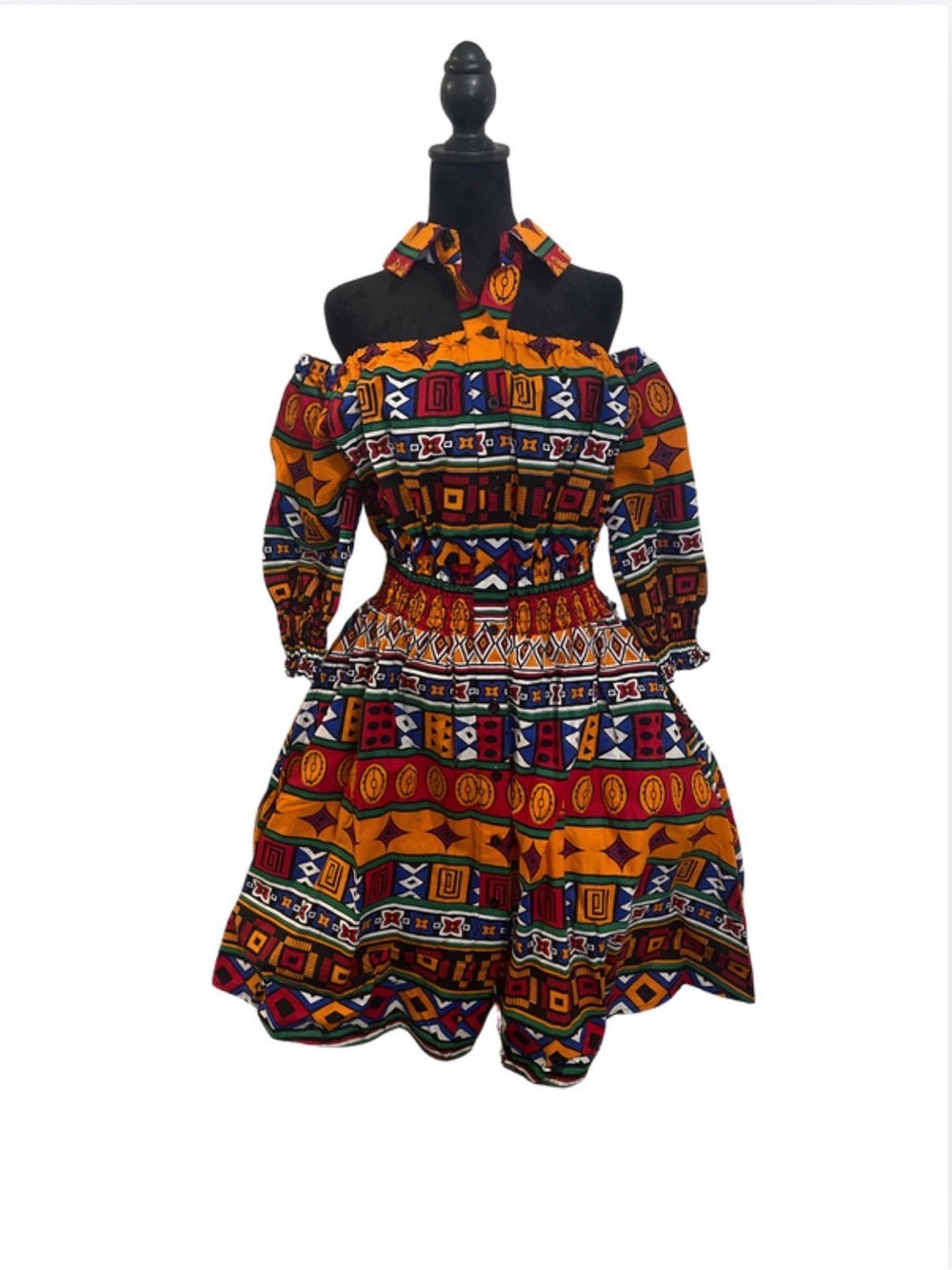 Multicolor Off-Shoulder African Print Dress with Halter Tie